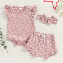 Load image into Gallery viewer, Baby Girls 3Pcs Summer Outfit Fly Frill Short Sleeve Romper + Ruffle Shorts + Headband Set Daisy Flower Print Clothes
