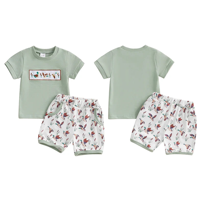 Baby Toddler Boys 2Pcs Summer Outfit Duck Embroidery Short Sleeve Top and Elastic Camouflage Shorts Set