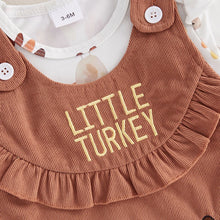 Load image into Gallery viewer, Baby Girls 2Pcs Outfit Thanksgiving Little Turkey Letters Print Long Sleeve Romper and Overalls Dress Fall Set
