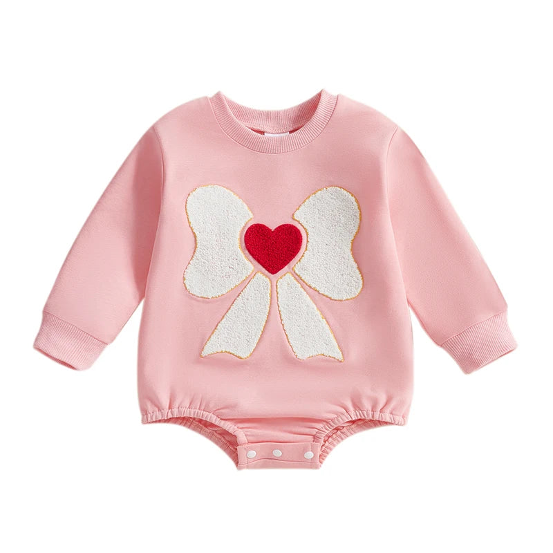 Baby Girl Romper Long Sleeve Round Neck Heart Bow Embroidery Bodysuit Valentine's Day