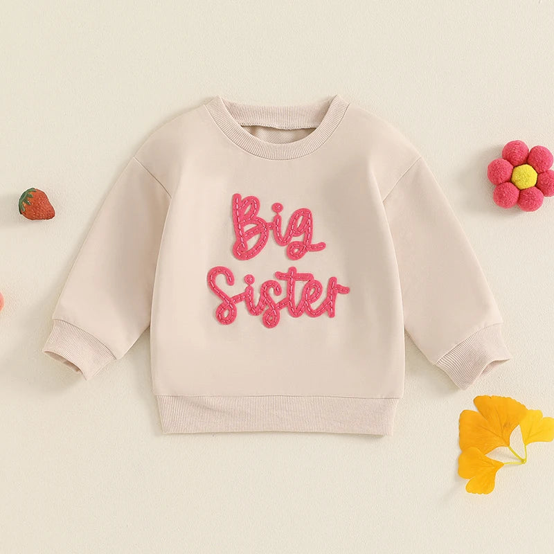 Toddler Kids Girls Big Sister Long Sleeve Crewneck Letter Embroidery Loose Fit Pullover Top