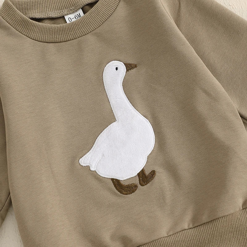 Baby Toddler Boys 2Pcs Fall Outfit Long Sleeve Duck Bird Goose Embroidery Pullover Top Elastic Band Pants Jogger Set