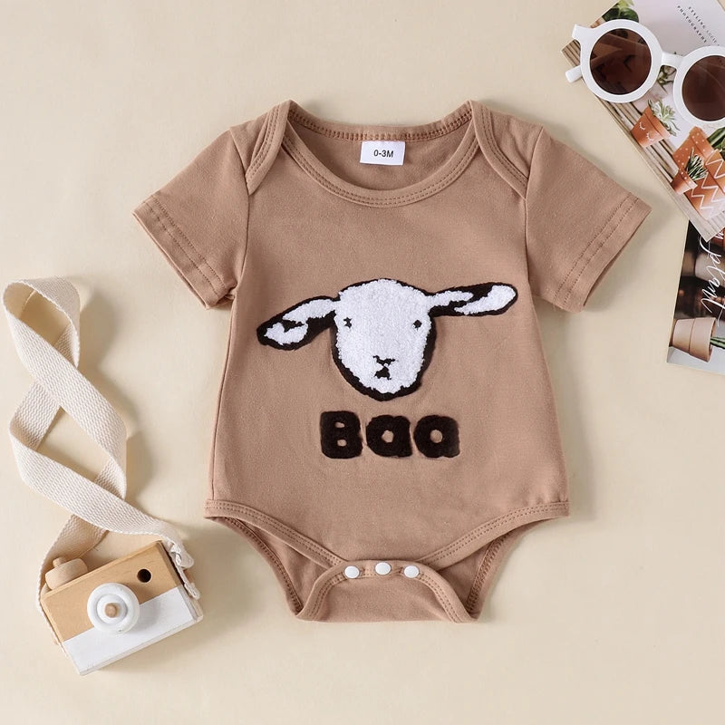 Baby Toddler Girls Boys Baa / Moo Sheep Cow Romper Casual Letter Embroidery Round Neck Short Sleeve Jumpsuit