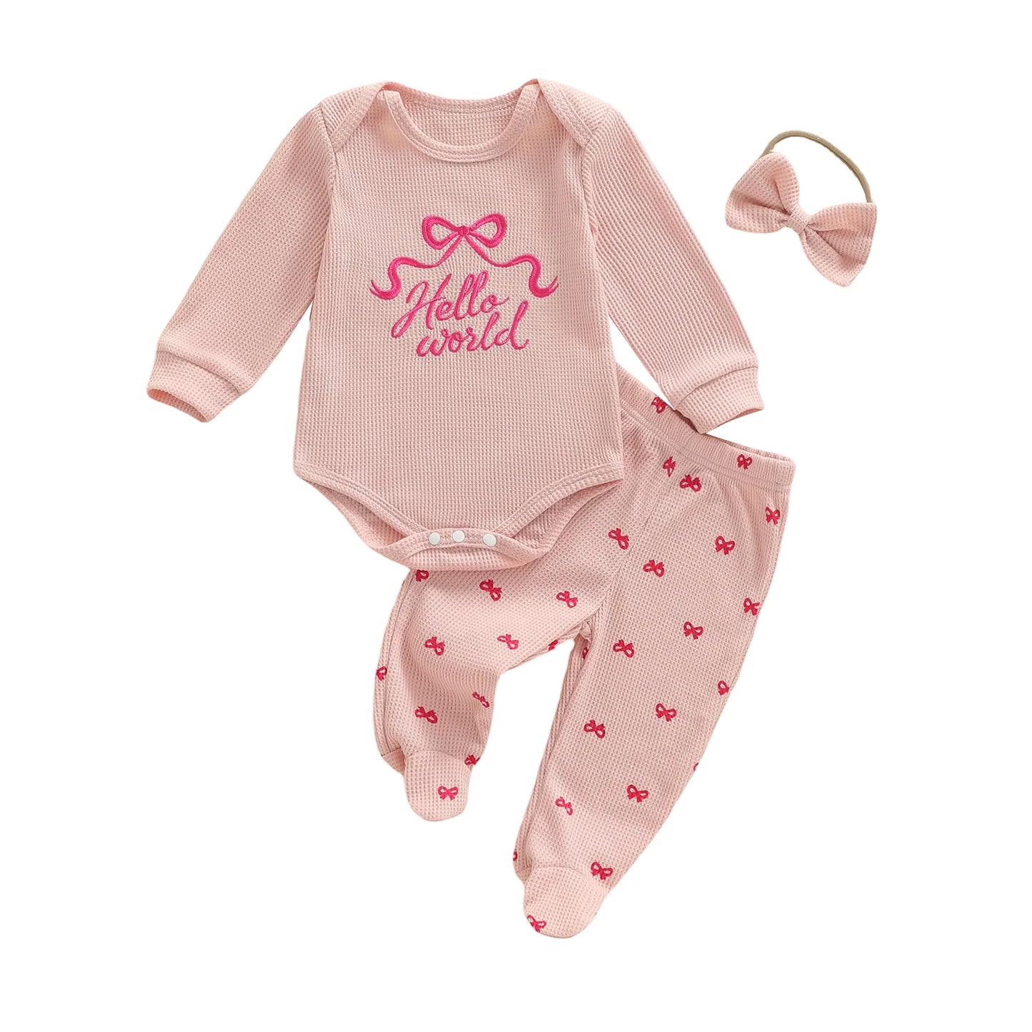 Baby Girl 3Pcs Hello World Spring Outfits Waffle Bow Letter Embroidered Long Sleeve Romper Footie Pants and Bow Headband 3 Pcs Set