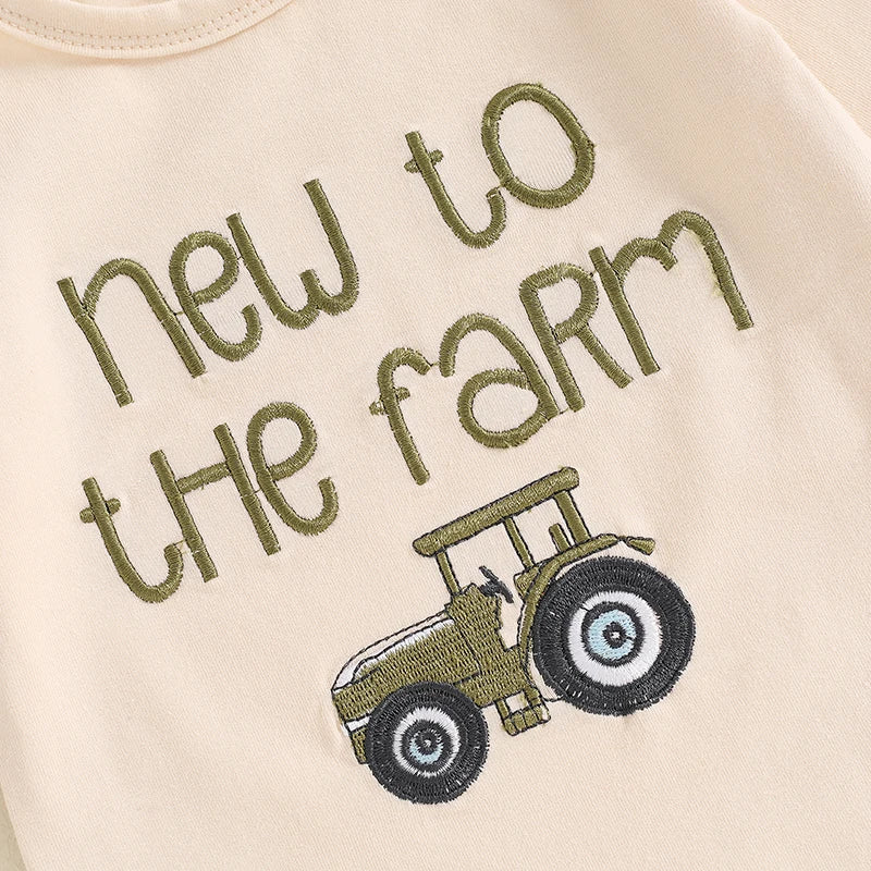 Baby Boys 3Pcs New To The Farm Long Sleeve O-Neck Embroidery Romper with Tractor Print Pants Hat Outfit Set