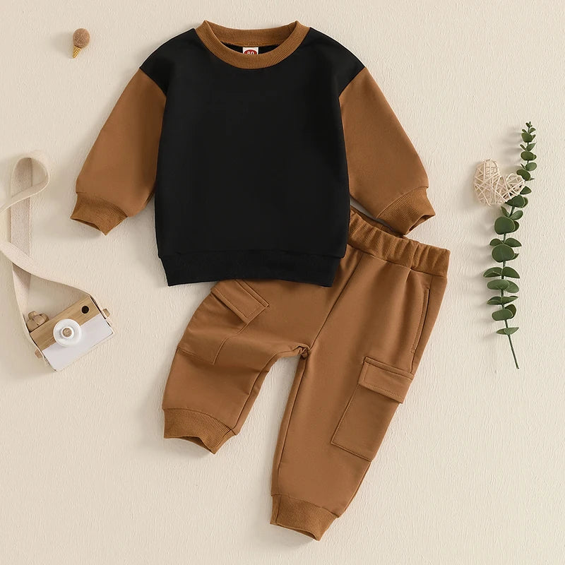 Baby Toddler Boy 2Pcs Outfit Long Sleeve Contrast Color Top + Cargo Pants Fall Winter Jogger Set