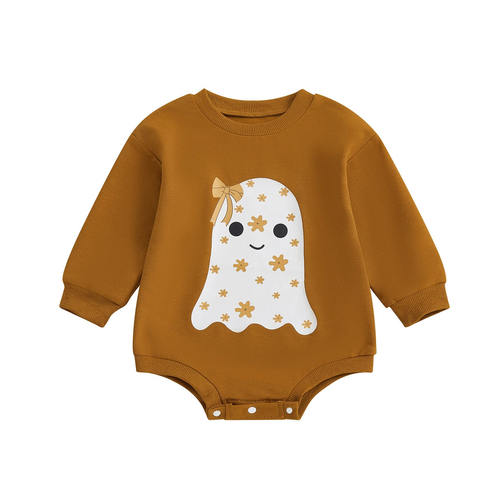 Newborn Baby Girls Halloween Sweatshirt Romper Casual Ghost Print Long Sleeve Jumpsuits Infant Fashion Clothes