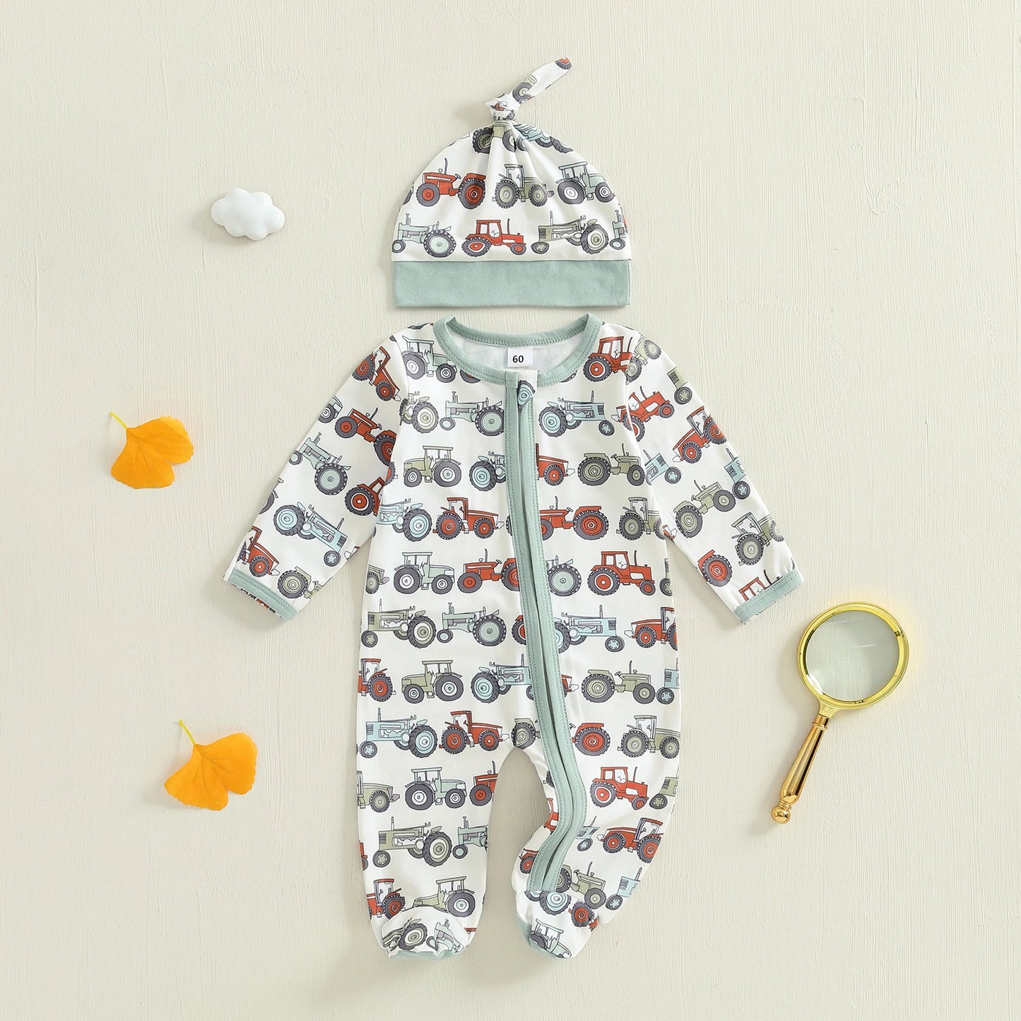 Baby Boys 2Pcs Fall Footed Romper Cute Tractor Pattern Round Neck Long Sleeve Zipper Jumpsuit with Hat Set