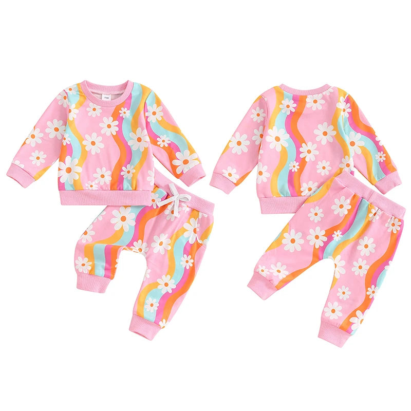 Baby Toddler Girls 2Pcs Fall Outfit Striped Daisy Flower Print Long Sleeve Top and Elastic Pants Set