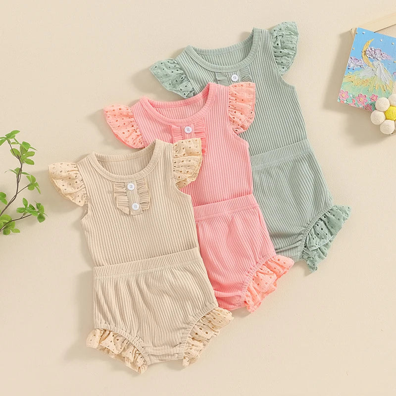 Baby Girl 2Pcs Spring Summer Outfits Round Neck Buttons Eyelet Fly Sleeve Frilly Romper Elastic Waist Shorts Clothes Set