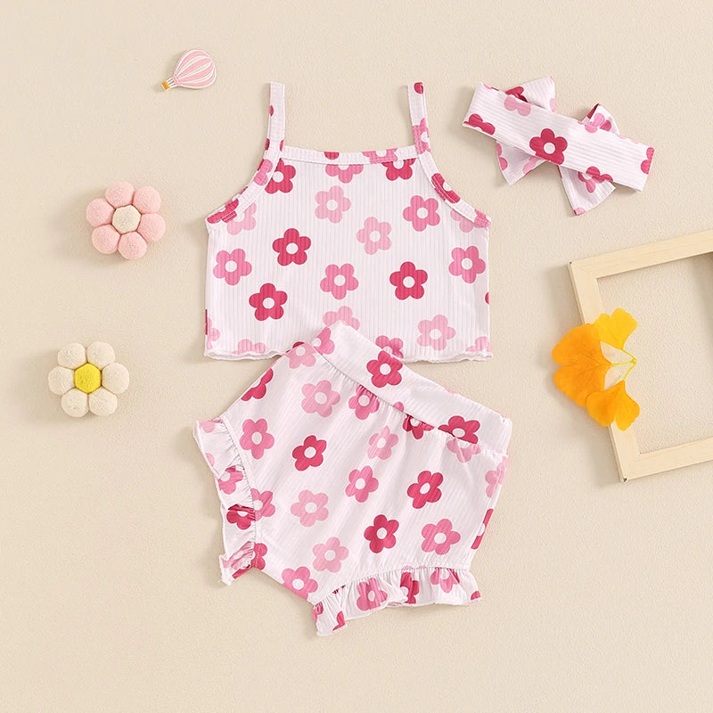 Baby Girls 3Pcs Outfit Floral Sleeveless Camisole Tank Top and Elastic Ruffle Shorts Headband Set Clothes