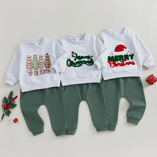 Baby Toddler Boys 2Pcs Merry Christmas Santa Hat / Tis The Season Tree Outfit Letter Embroidery Long Sleeve Top Long Pants Winter Jogger Set