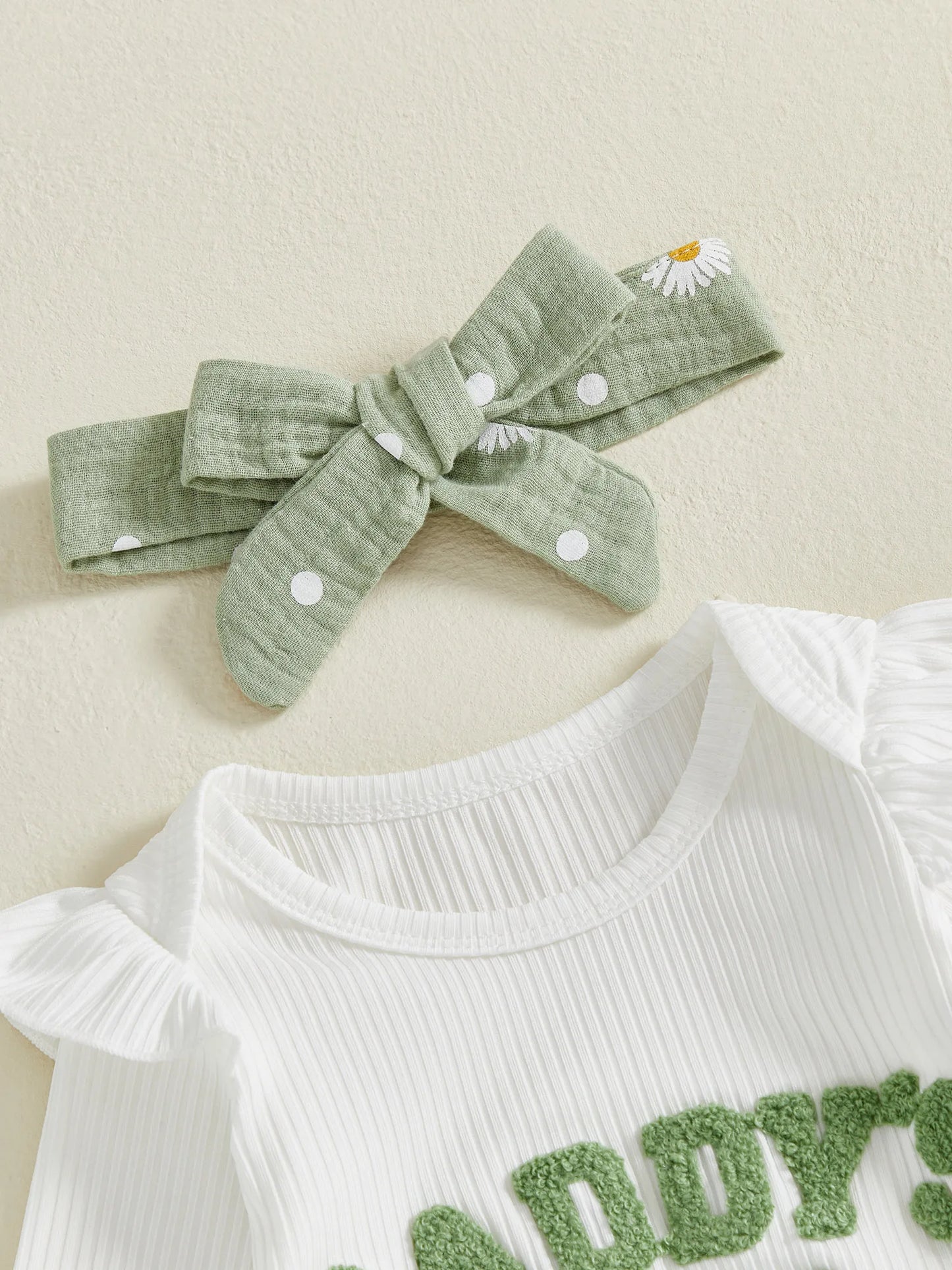 Baby Toddler Girls 3Pcs Daddy's Girl Fall Outfit Letter Embroidery Long Sleeve Romper Daisy Print Pants with Belt and Headband Set