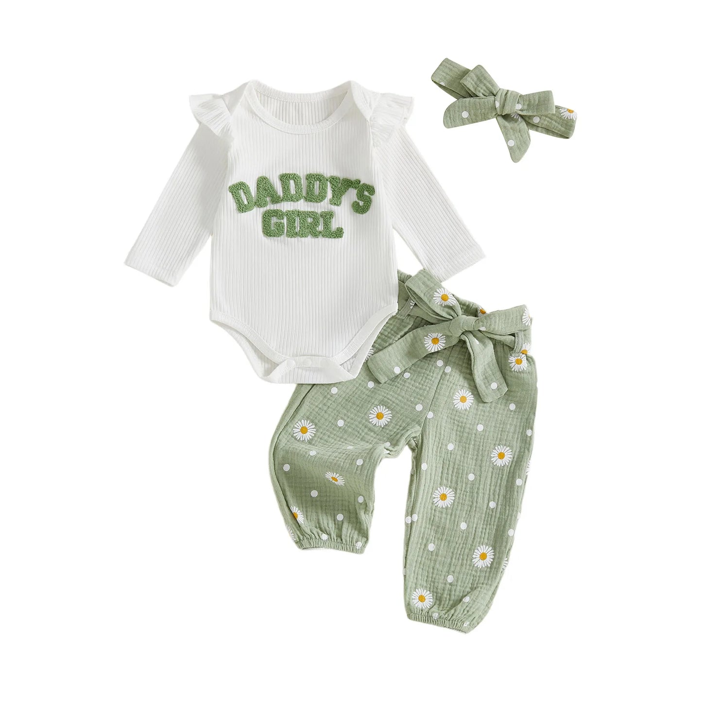 Baby Toddler Girls 3Pcs Daddy's Girl Fall Outfit Letter Embroidery Long Sleeve Romper Daisy Print Pants with Belt and Headband Set