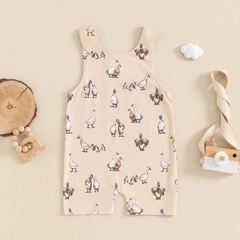 Baby Girls Boy Overalls Shorts Jumpsuit Summer Duck Goose Bird Print Sleeveless Tank Top Romper