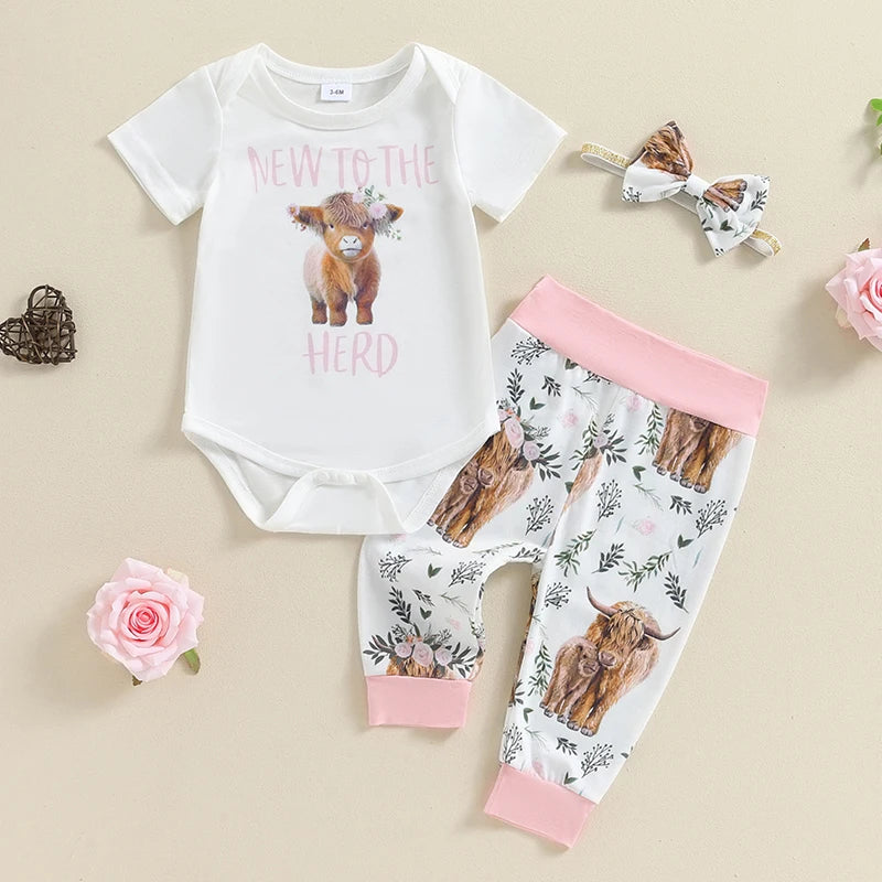 Baby Girls 3Pcs New To The Herd Summer Cow Cattle Print Short Sleeve Romper Elastic Waist Long Pants Bow Headband Outfit Set