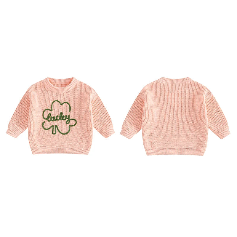 Baby Toddler Kids Boys Girls Lucky Knit Sweater Long Sleeve Round Neck Shamrock Letter Embroidery Pullover Spring St. Patrick's Day Top