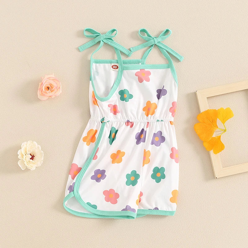 Baby Toddler Girls Summer Jumpsuit Sleeveless Tie Strap Tank Top Elastic Waist Floral Flower Print Romper Shorts Playsuit