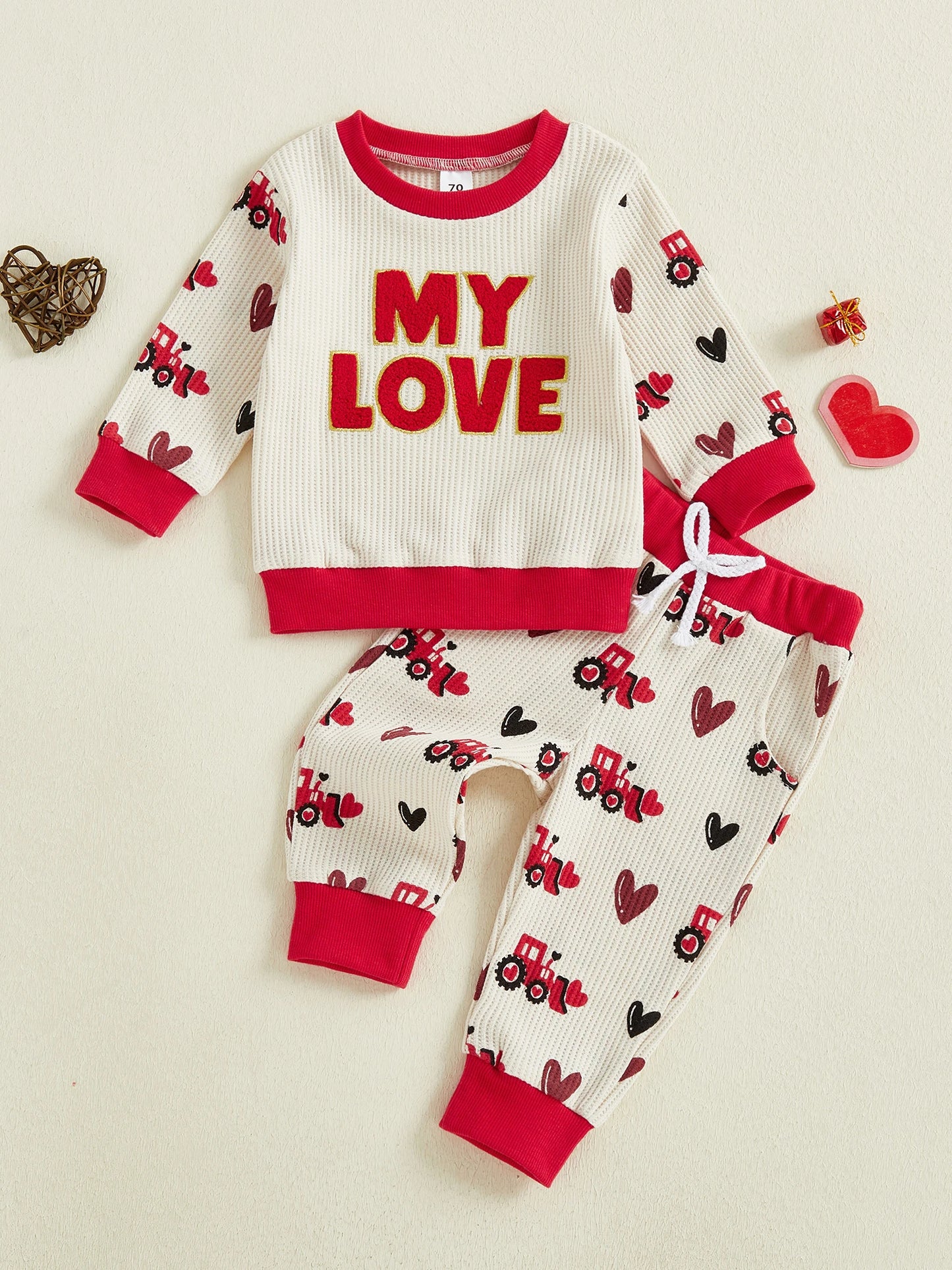 Baby Toddler Boy 2Pcs MY LOVE Valentine's Outfit Letter Embroidery Long Sleeve Crew Neck Pullover Top and Joggers Pants Set