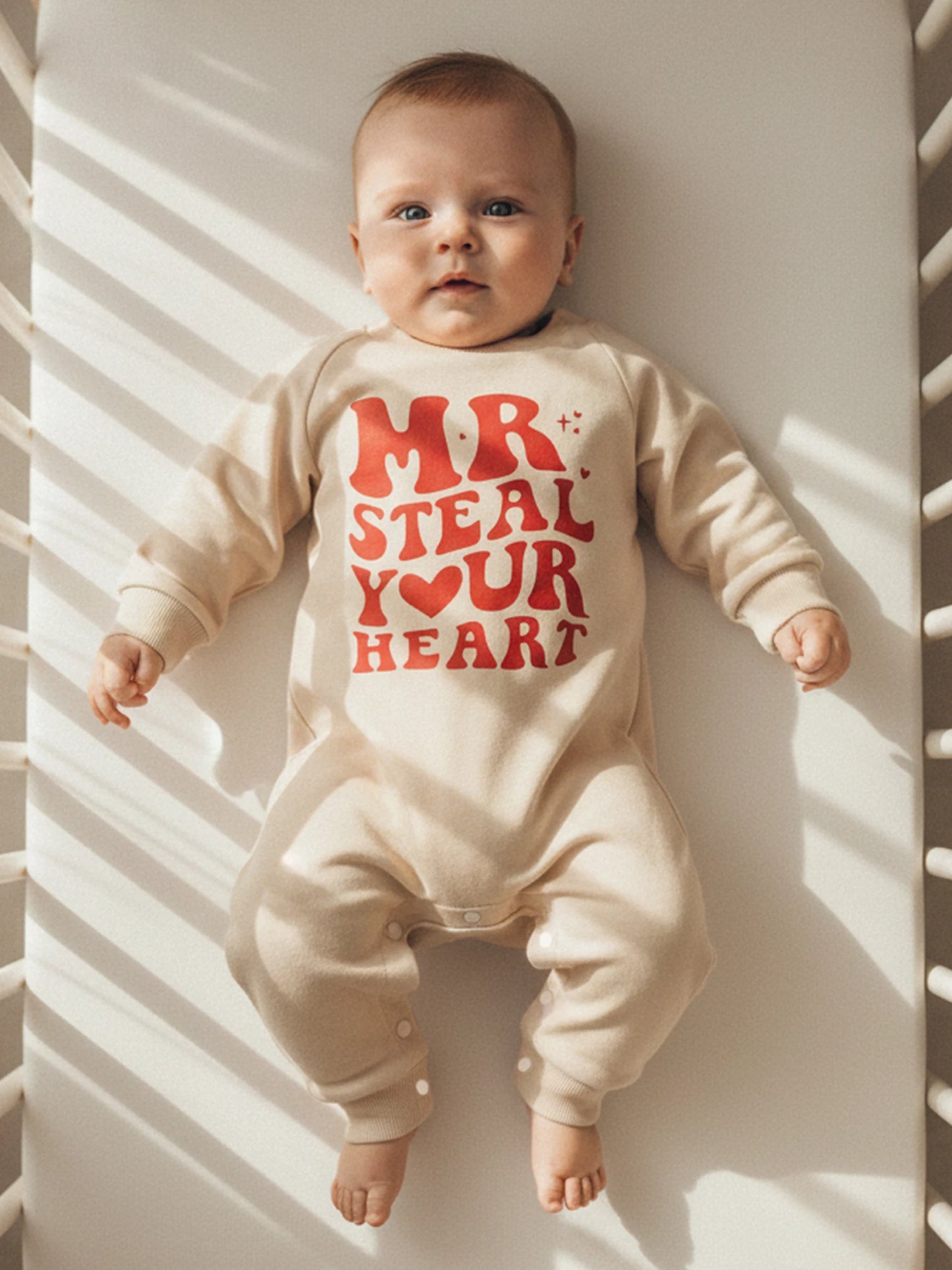 Baby Boy Valentines Romper Mr. Steal Your Heart Fashionable Cute Letters Printed Long Sleeve Jumpsuit