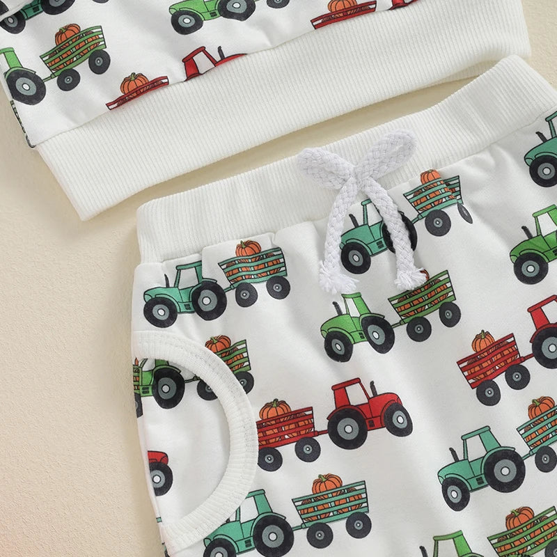 Baby Toddler Boys 2Pcs Fall Outfit Long Sleeve Tractor Print Top + Pants Set