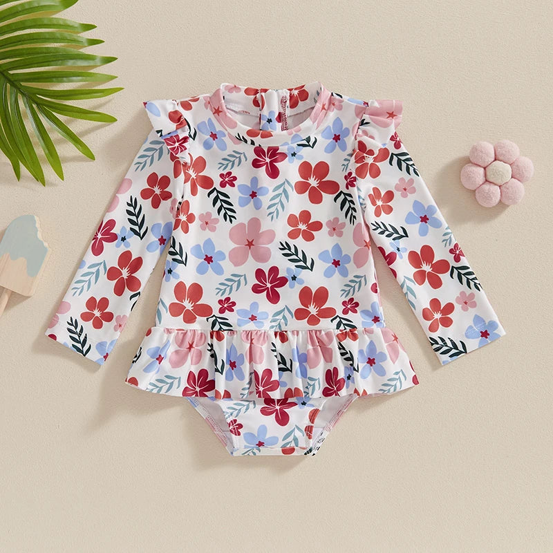 Baby Toddler Girls Swimsuit Long Sleeve Floral Flowers Print Skirted Bathing Suit Frill Shoulders Swimwear Bathing Suit