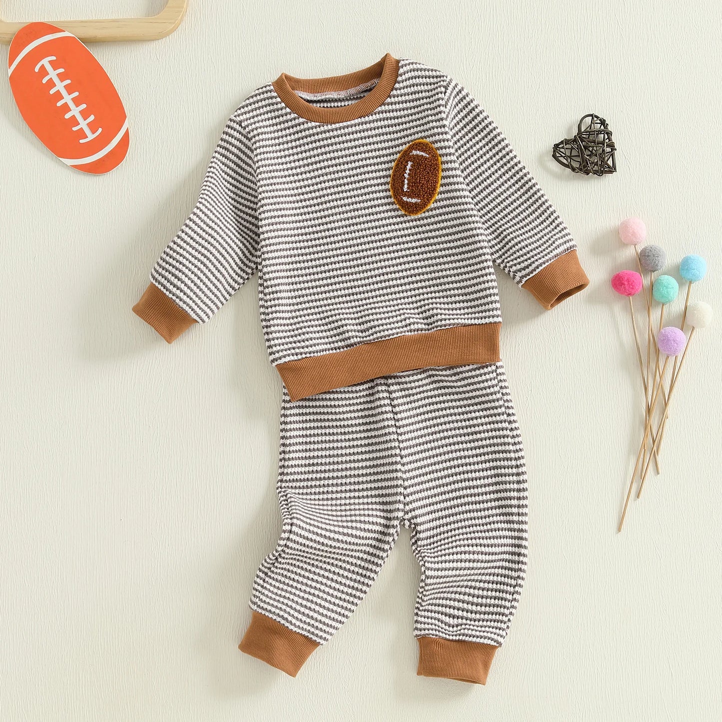 Baby Toddler Boys 2Pcs Autumn Long Sleeve O Neck Football Embroidery Top Striped Pants Jogger Set
