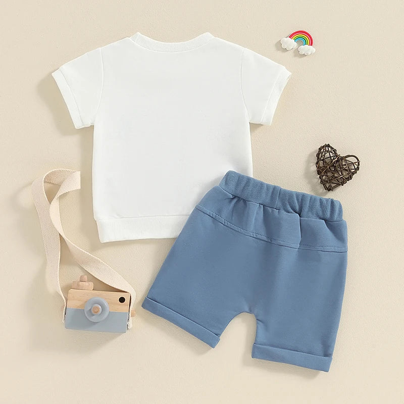 Toddler Baby Boy 2Pcs Mama's Boy Letter Embroidery Short Sleeve Top Solid Shorts Outfit Set