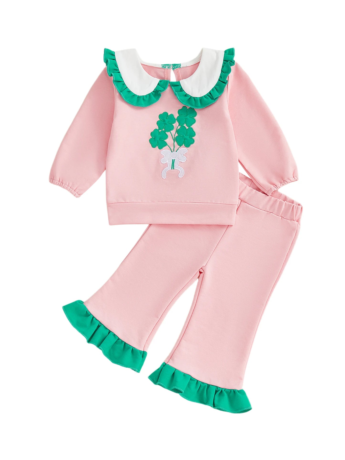 Baby Toddler Girl 2Pcs Spring Outfit Clover Bow Embroidered Doll Collar Top and Flare Pants 2 Piece Set