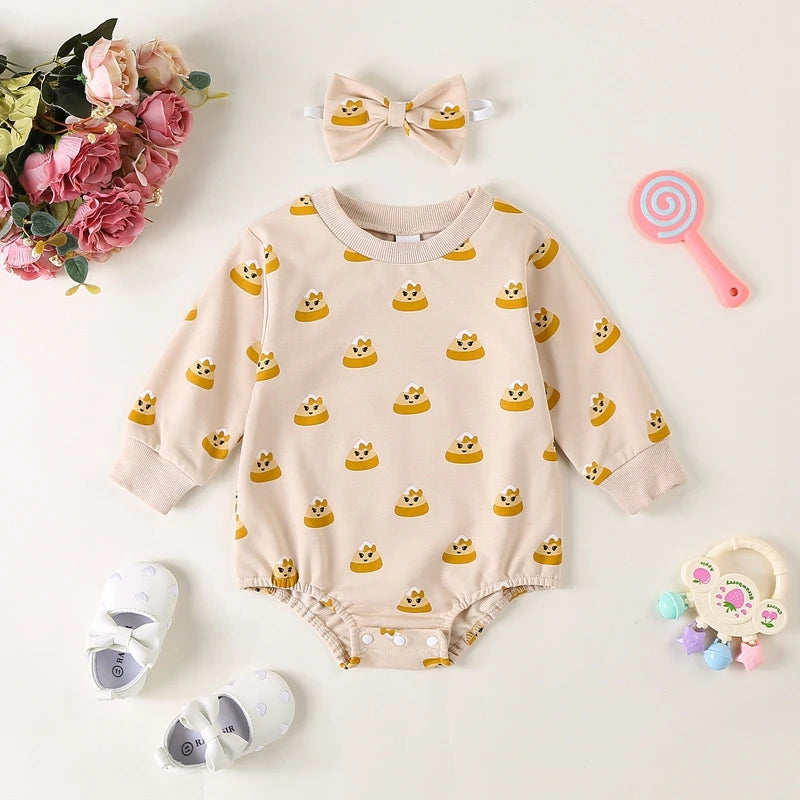 Baby Girl 2Pcs Fall Outfit Long Sleeve Rice Ball Print Romper with Headband Set