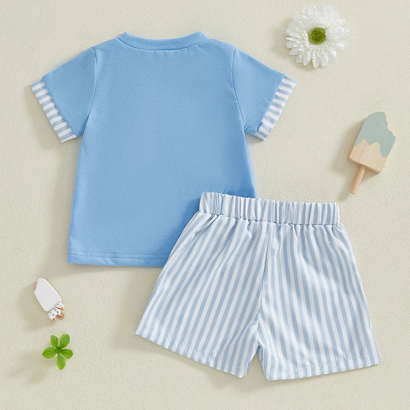 Baby Toddler Boys 2Pcs Set O-Neck Short Sleeve T-shirt Top Striped Elastic Waist Shorts Summer Outfit