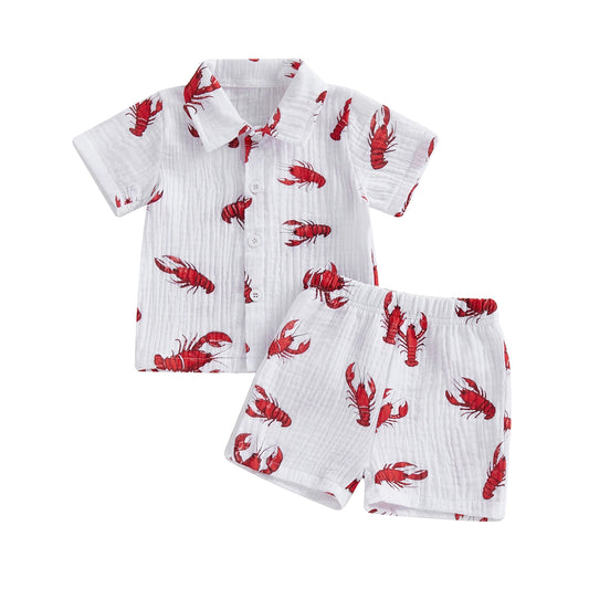 Baby Toddler Boys 2Pcs Set Dinosaur Bus Lobster Print Short Sleeve Button Up Shirt with Elastic Waist Shorts Set Summer Outfit