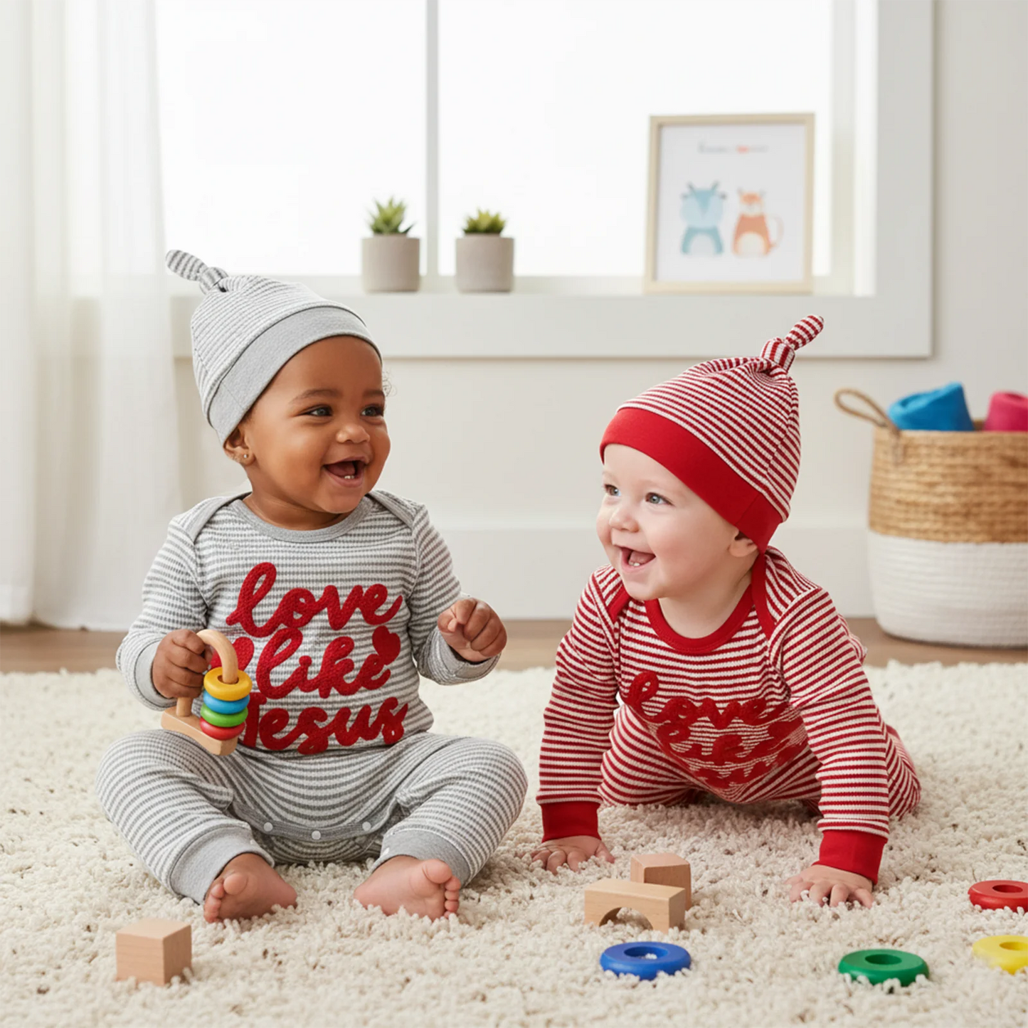 Baby Boys Girls 2Pcs Valentine's Day Romper Love Like Jesus Striped Heart Letter Embroidered Long Sleeve Jumpsuit Knotted Hat Set