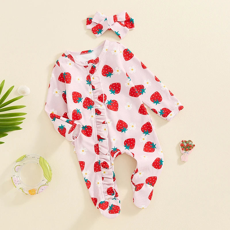 Baby Girls 2Pcs Long Sleeve Strawberry Flower Butterfly Print Frills Zipper Footies Jumpsuit and Headband Romper Set