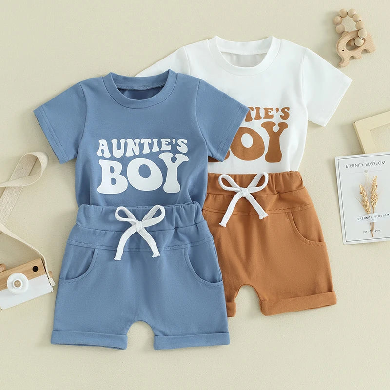 Toddler Baby Boy 2Pcs Summer Clothes Aunties Boy Short Sleeve Crewneck Shirt Top Shorts Set Outfit