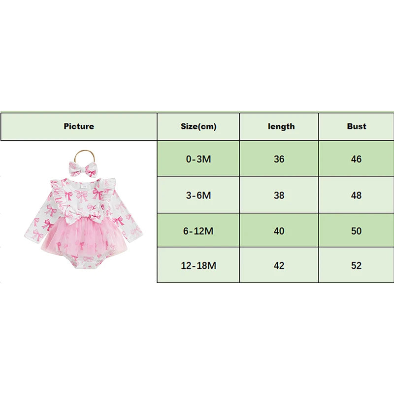 Baby Girls 2Pcs Romper Dress Bow Print Ruffled Trim Long Sleeve Tutu Jumpsuit Headband Outfit Set