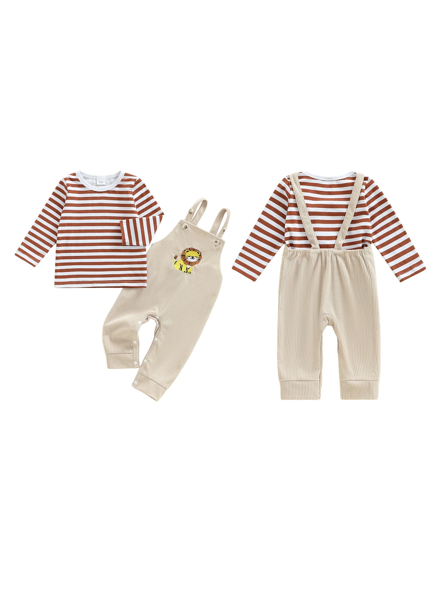 Baby Boys 2Pcs Clothing Sets Fashionable Long Sleeve Striped Topswith Lion Embroidery Overalls 2Pcs Fall Outfits