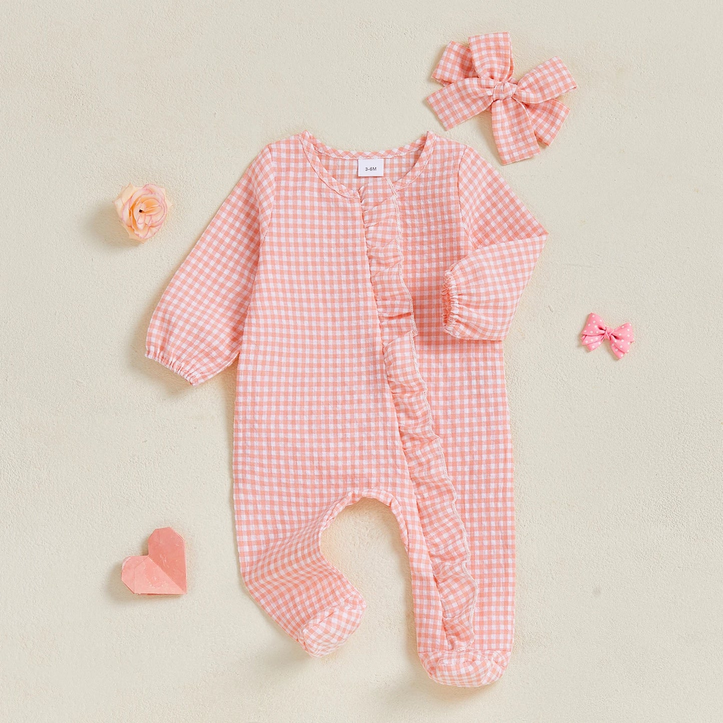 Baby Girl 2Pcs Fall Footies and Headband Set Plaid Ruffled Trim Zip Front Long Sleeve Zipper Romper