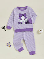 Baby Toddler Girls 2Pcs Pants Set Embroidery Ghost Long Sleeve Top with Striped Jogger Pants Halloween Clothes