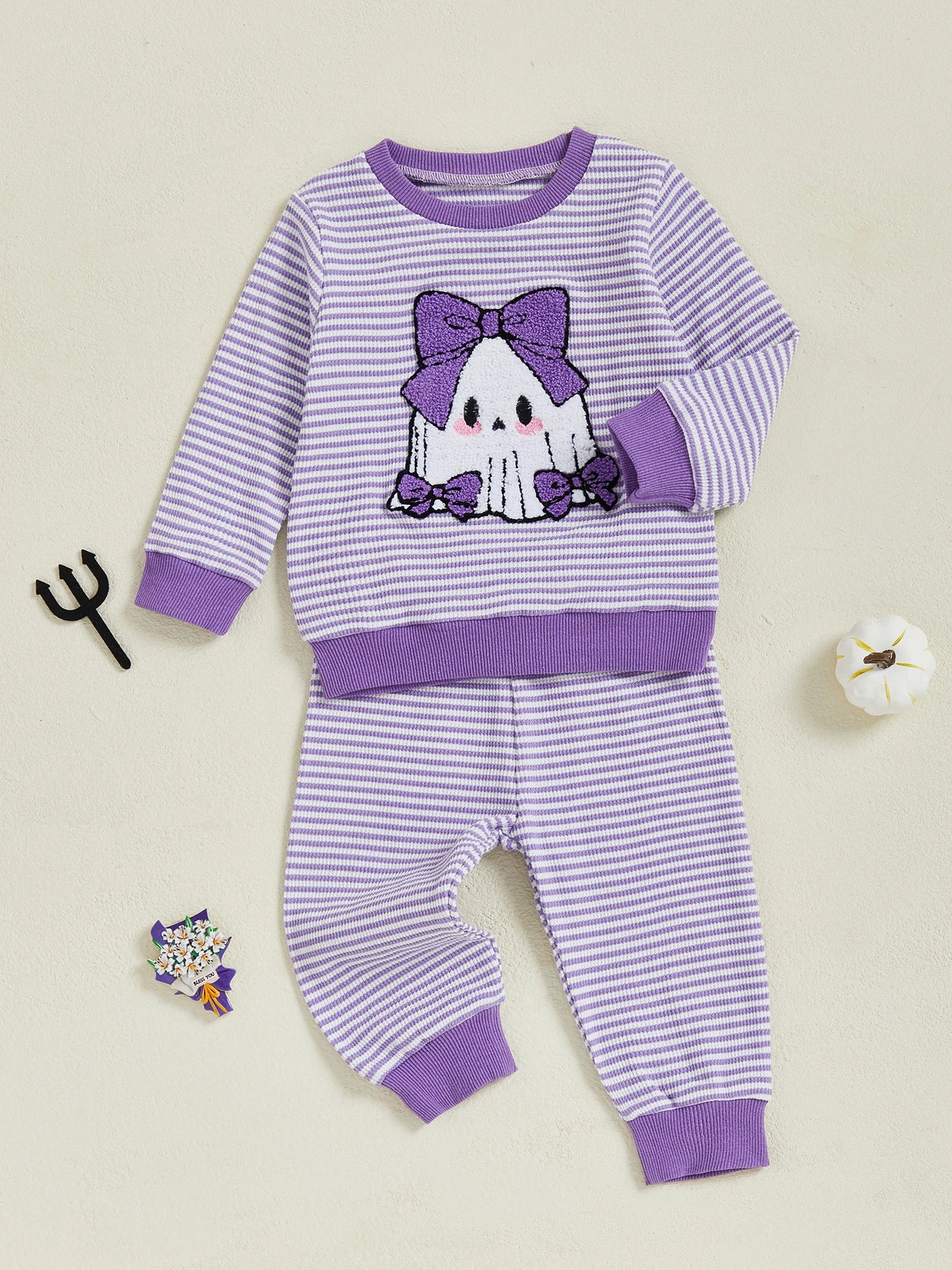 Baby Toddler Girls 2Pcs Pants Set Embroidery Ghost Long Sleeve Top with Striped Jogger Pants Halloween Clothes
