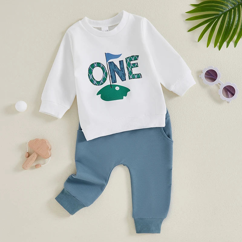 Baby Boys Girls 2Pcs ONE year old Birthday Outfit Golf Letter Print Long Sleeve Crewneck Top and Elastic Pants Set for Fall