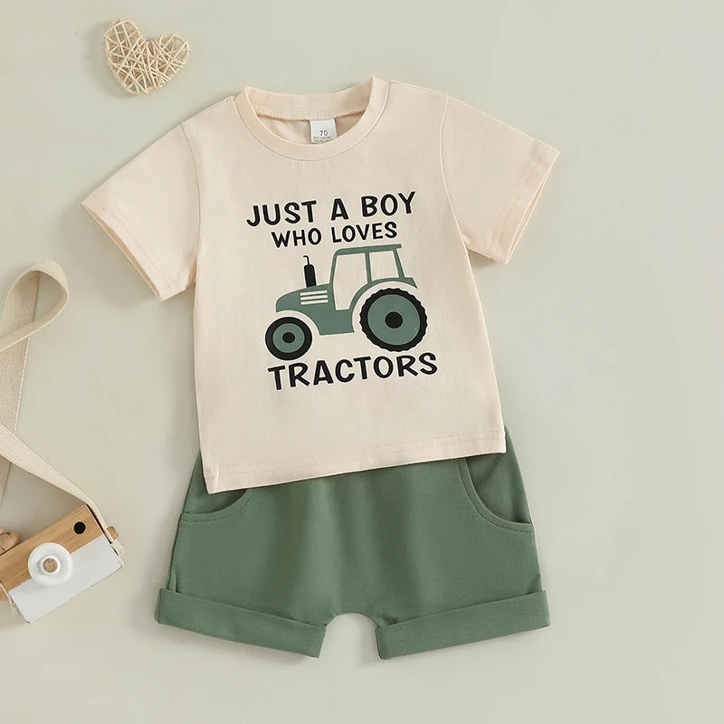 Baby Toddler Boys 2Pcs Summer Outfit Just A Boy Who Loves Tractors Letter Print Round Neck Short Sleeve Top with Solid Shorts Set