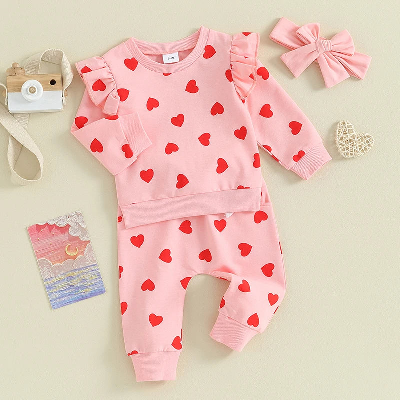 Baby Toddler Girls 3Pcs Valentine's Day Set Long Sleeve Heart Print Top Jogger Pants Headband Set