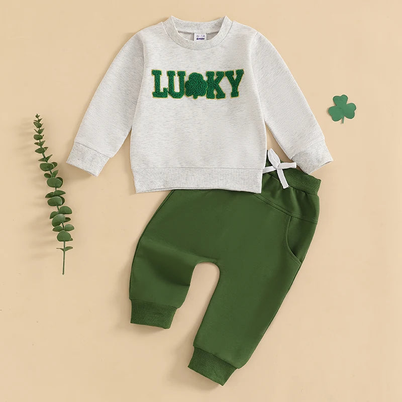 Baby Toddler Girl Boy 2Pcs Lucky St. Patrick's Day Spring Outfit Letter Shamrock Four Leaf Clover Embroidery Long Sleeve Crewneck Top with Elastic Waist Solid Pants Jogger Set