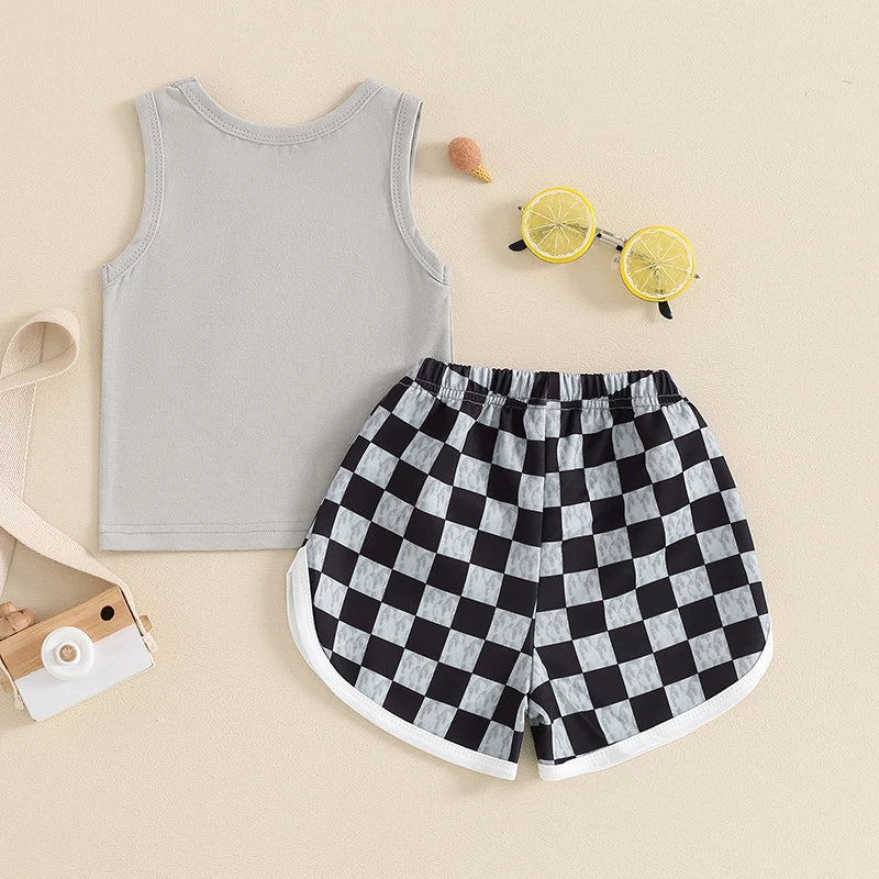 Baby Toddler Boys 2Pcs Sleeveless Tank Top with Pocket and Checkerboard Print Shorts Set Outfit