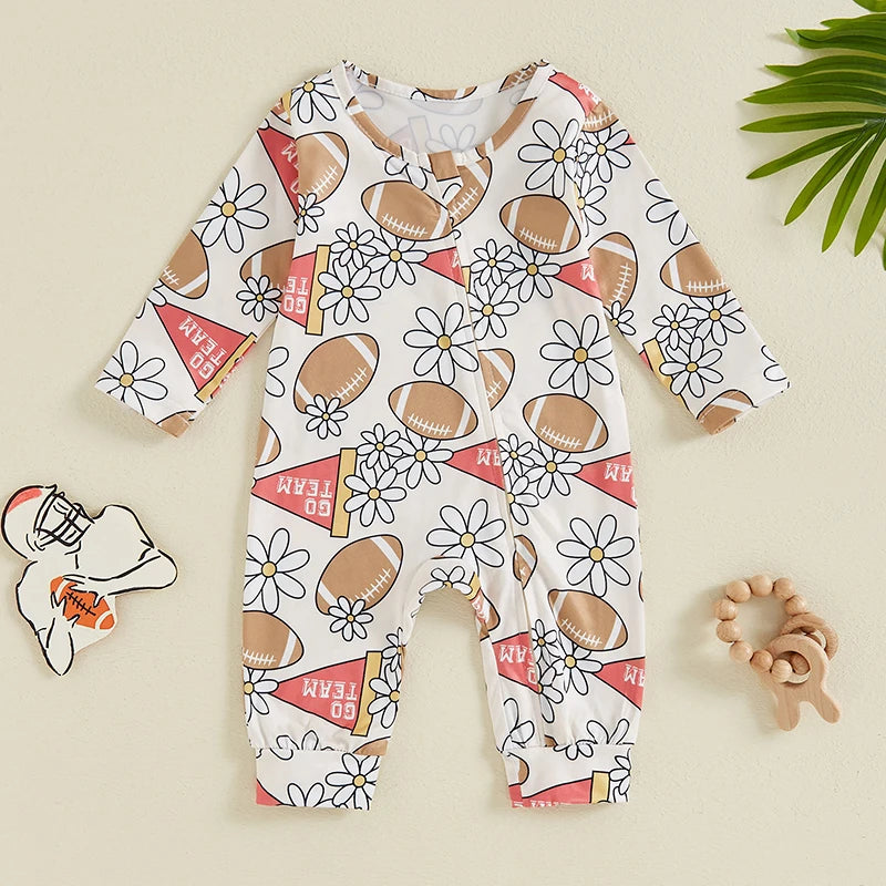 Baby Girls Casual Jumpsuit Long Sleeve Crew Neck Floral Football Flowers Flag Print Zipper Romper