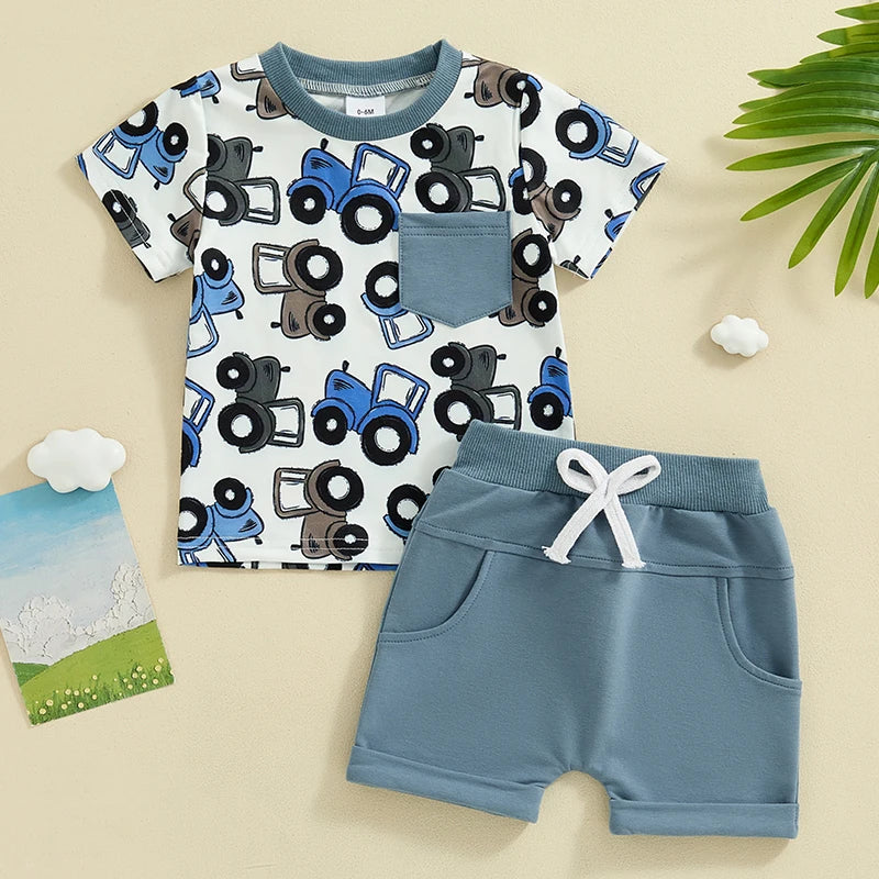 Baby Toddler Boy 2Pcs Summer Outfit Truck Tractor Print Short Sleeve Pocket Top with Solid Color Shorts Set