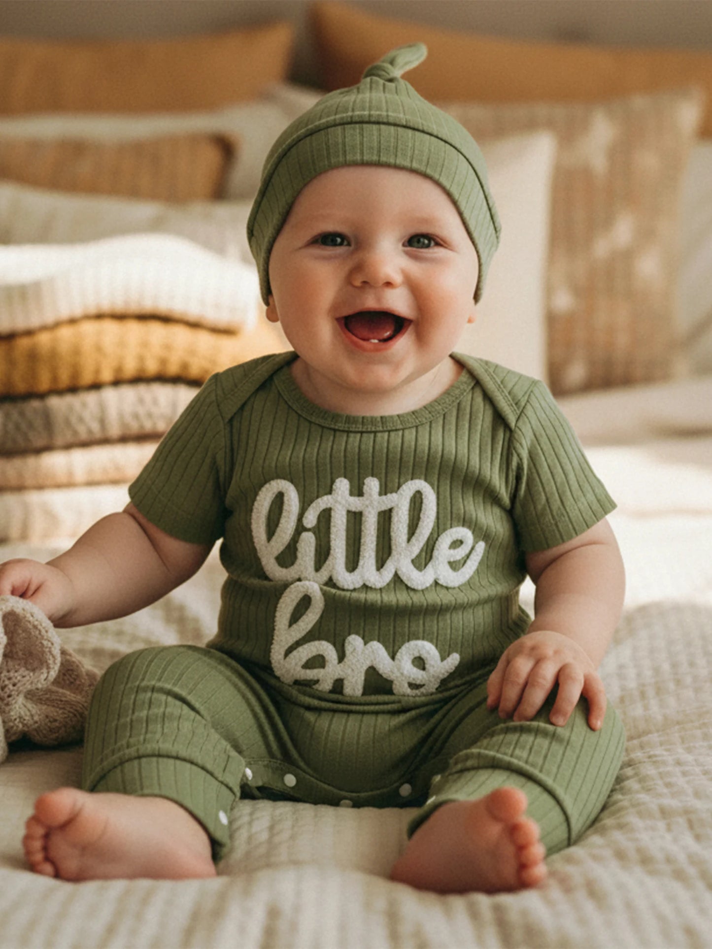 Baby Boy 2Pcs Little Bro Short Sleeve Romper Ribbed Letter Embroidery Round Neck Infant Jumpsuit with Hat Set