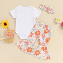 Load image into Gallery viewer, Baby Girls 3PCS In My Auntie&#39;s Bestie Era Set Short Sleeve Letter Print Romper Flowers Floral Print Flared Pants Headband Outfit
