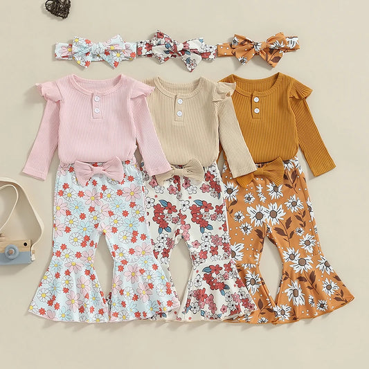 Baby Girls 3Pcs Fall Outfit Ruffle Ribbed Long Sleeve Romper Flower Flare Pants Tie Headband Set